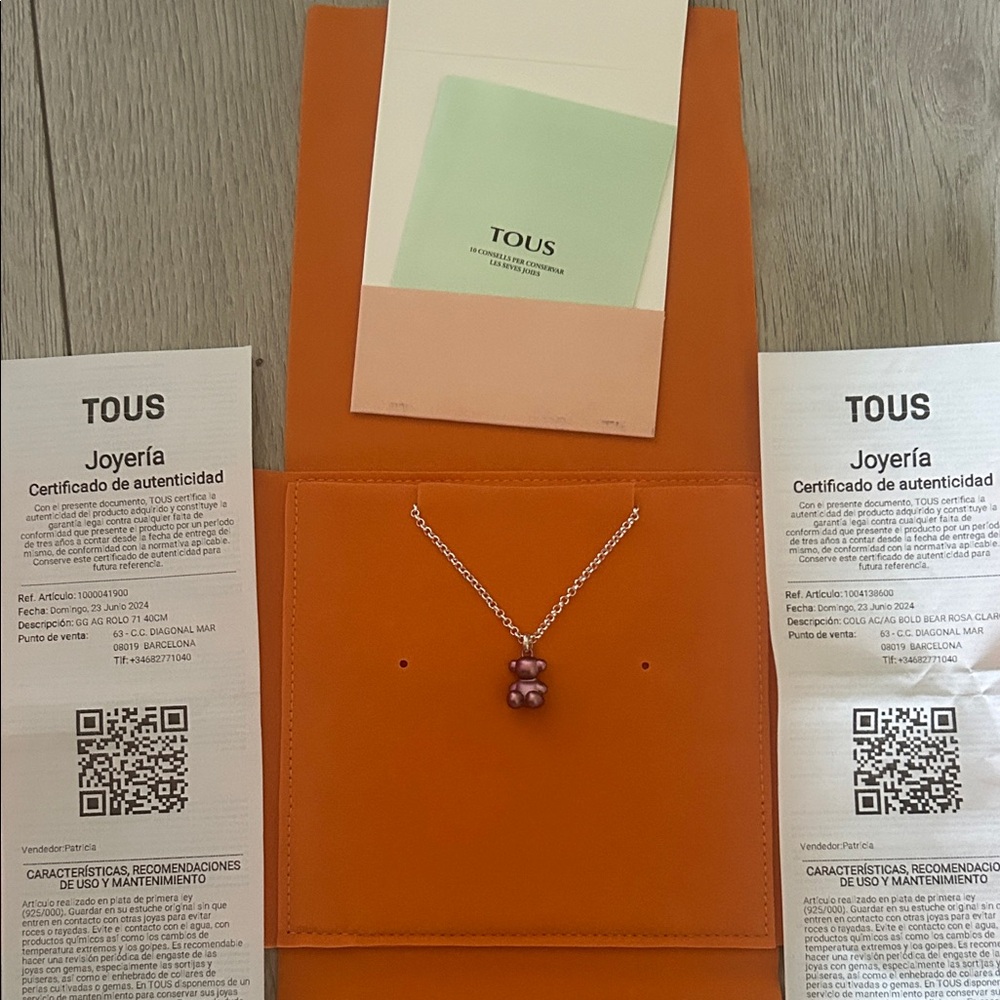 TOUS Rose-Purple Bear Charm Necklace with Silver Chain